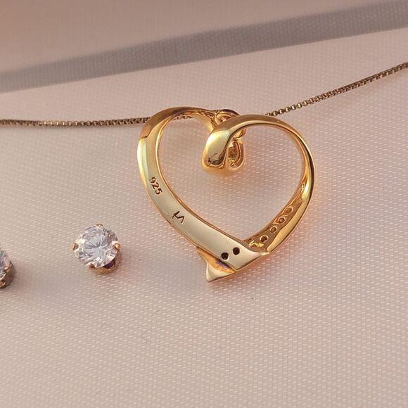 Gold Over Sterling Crystal Open Heart Pendant Necklace Earrings Set - New… - Picture 6 of 6